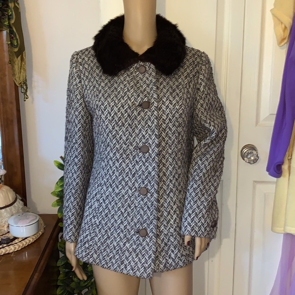 vtg 60s Wool jacket muskrat mink real fur collar short Coat M - Picture 3 of 14